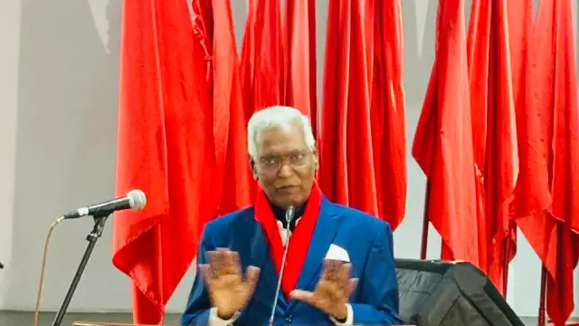 General secretary D Raja addressing a gathering at Ajoy Bhavan in New Delhi on December 26th 2025. Photo: CPI/Facebook